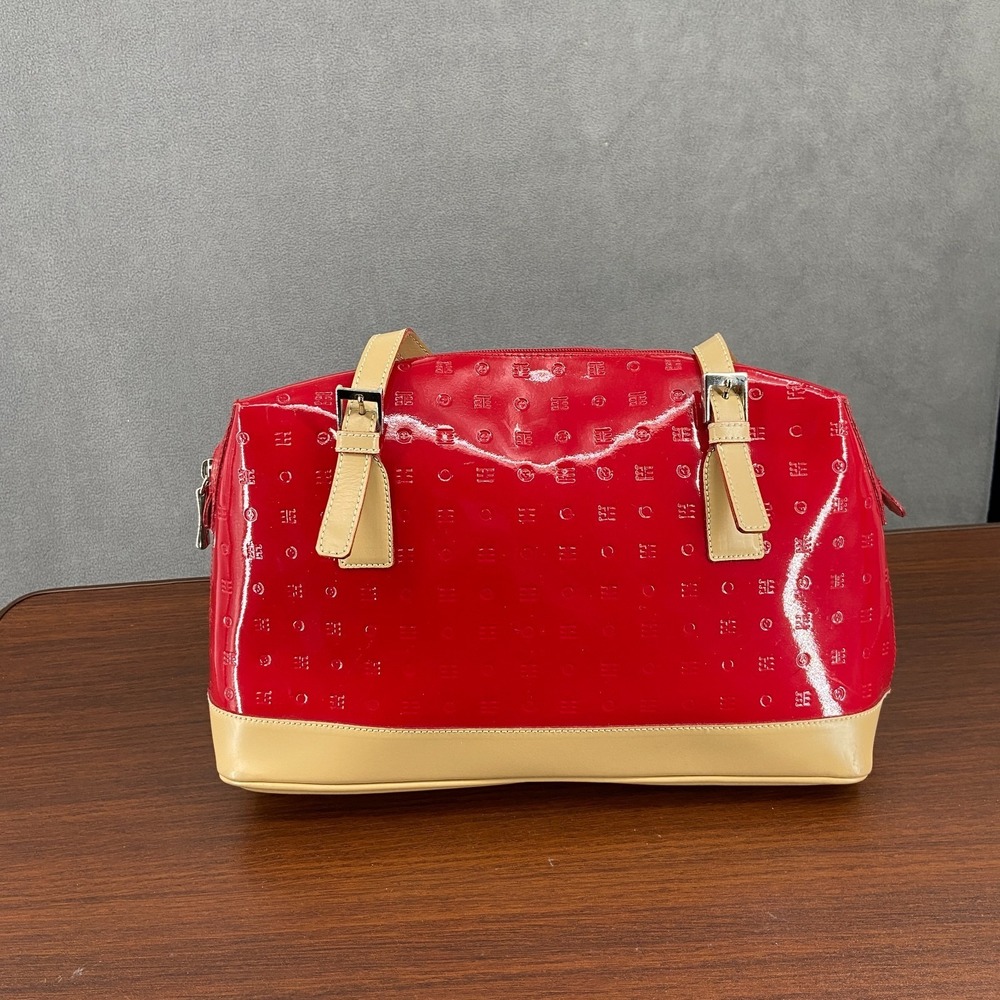 Arcadia Milano Handbag Womens Red Beige Patent Leather Embossed Satchel Bag